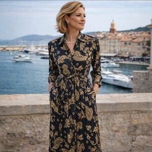 vtg 100% Silk Dress Black/ Gold Paisley Scroll self Belt Button Front Dress Sz 4